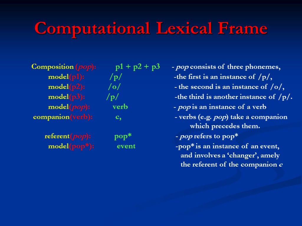 Computational Lexical Frame Composition (pop): p1 + p2 + p3 - pop consists of